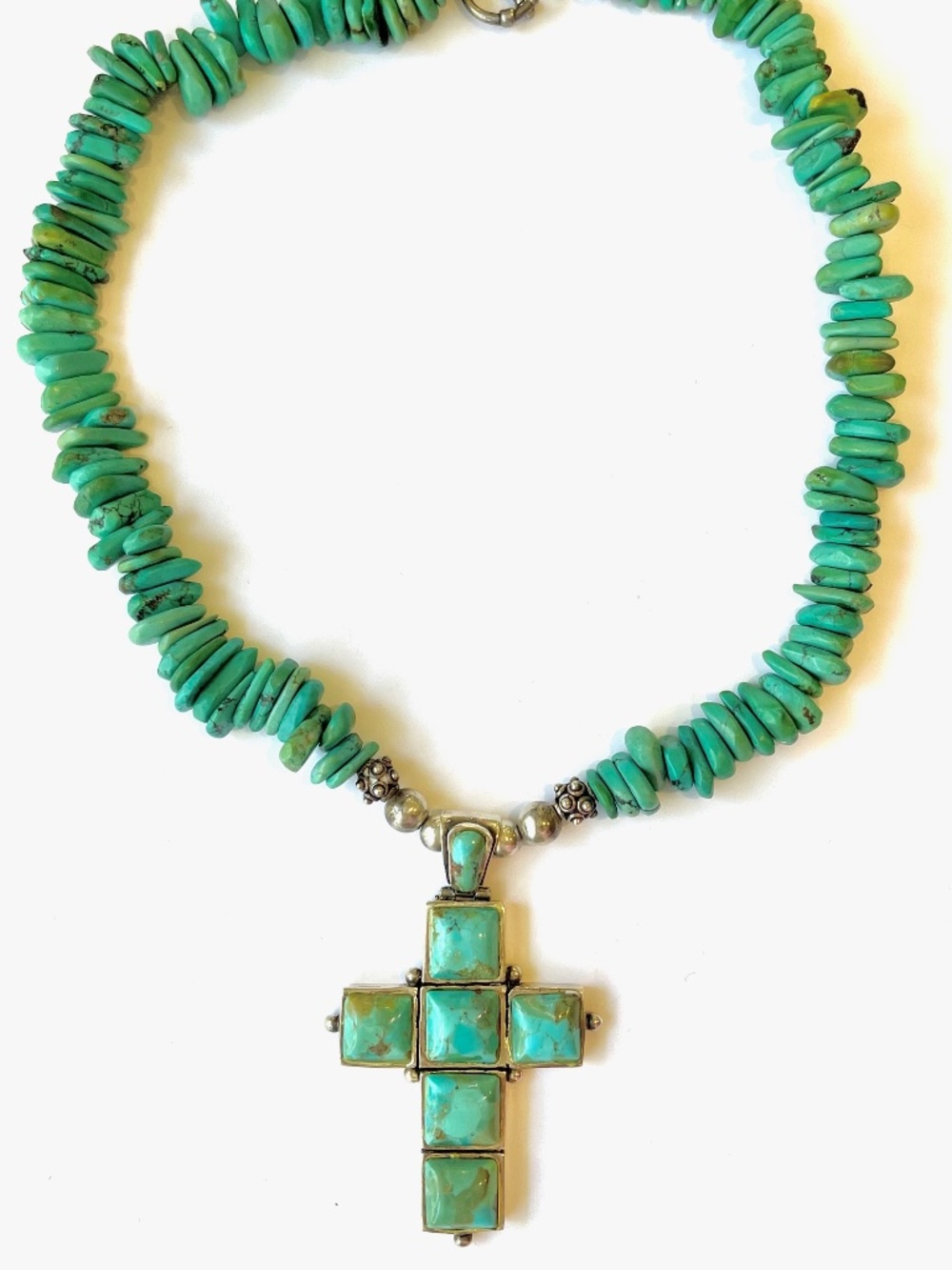 VINTAGE USA BARSE LARGE TURQUOISE 925 Sterling Silver CROSS Pendant Necklace